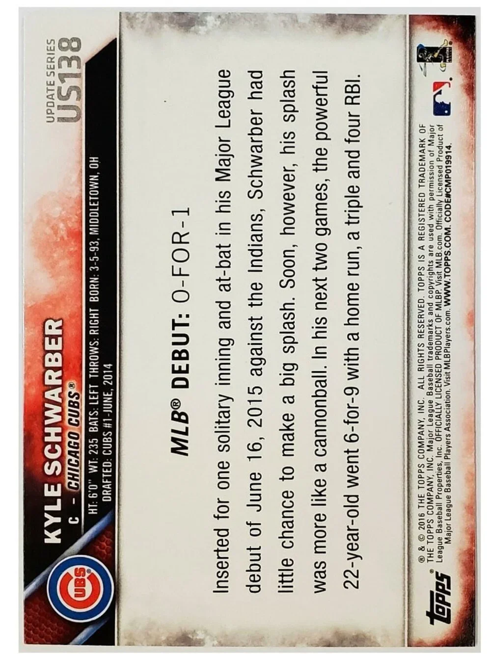 KYLE SCHWARBER ROOKIE 2016 TOPPS UPDATE #US138, CHICAGO CUBS, PHILLIES